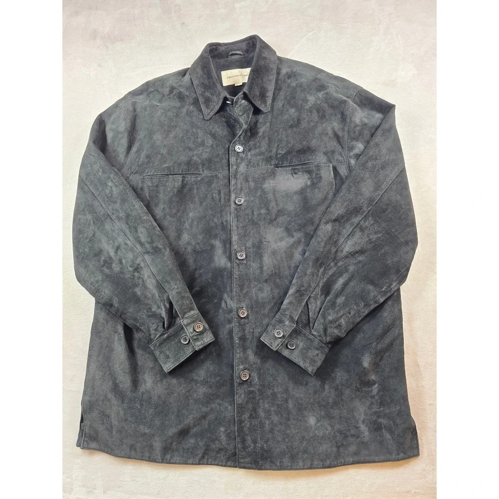 Pronto Uomo Suede Shirt Jacket Mens XL Black Leather Button Shacket Western Y2K